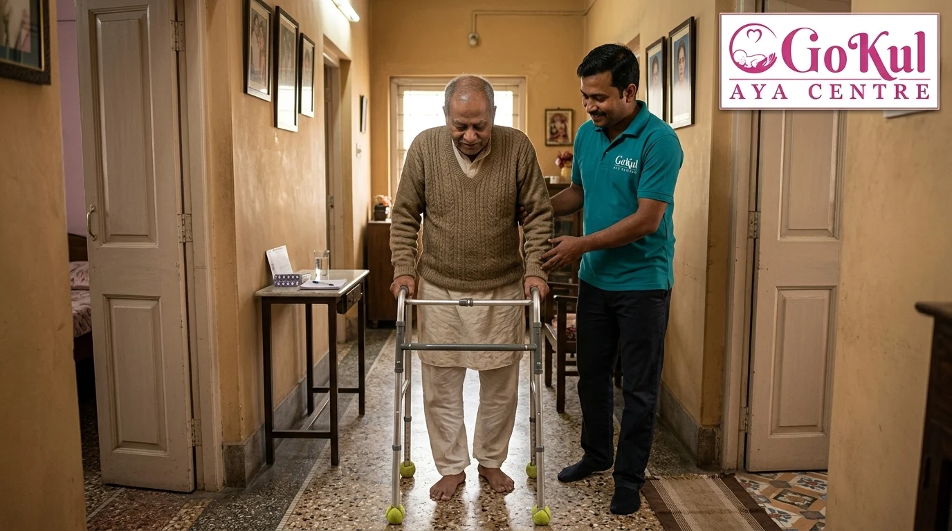 Male caregiver providing post-operative care at home in Kolkata