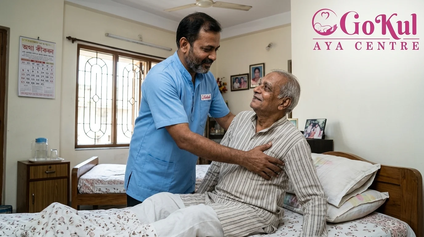 Male nurse and attendant in Kolkata assisting a patient at home – Gokul Aya Centre